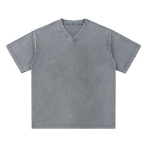 Camiseta de hombre de algodón puro con cuello en V, estilo retro, de punto, oversize, teñida con cera, lavada, vintage, de manga corta, con efecto snow wash y personalidad. - Product Image 1