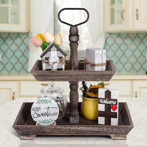 Support de plateau à plusieurs niveaux en bois rectangulaire de ferme moderne Plateaux de cuisine rustiques Présentoir de table à manger de comptoir Organisateur de décoration intérieure - Product Image 2