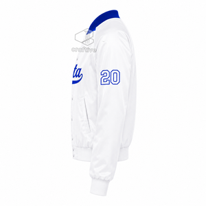 Veste universitaire en satin contrastant bleu et blanc pour femmes de la sororité Zeta Phi Beta, avec boutons pression sur le devant, col et poignets en tricot côtelé, style universitaire - Product Image 3