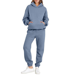 Conjunto Deportivo de Sudadera con Capucha Azul para Mujer, 100% Algodón, Corte Holgado Informal, Largo, Colores Lisos, Bolsillos Laterales - Product Image 1
