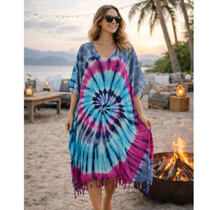 Caftán Largo de Viscosa Tie-Dye, Estilo Bohemio, Ecológico, Cuello en V, Transpirable, Asimétrico - Product Image 1