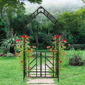 Arco da Giardino in Metallo Nero con Cancello 147,5 cm L x 247 cm H, Supporto per Piante Rampicanti, Traliccio per Rose da Esterno - Product Image 2