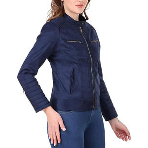 Veste de moto en cuir de vache pour femme, coupe-vent, col montant, manches longues, fermeture éclair, couleur unie, style hiver, coupe classique - Product Image 6