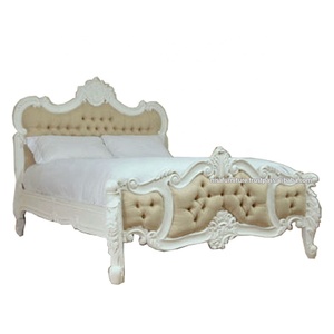 French Louis XVI European Design Solid Wood Bedroom Furniture Luxury <b>White</b> Kingsize Bed Linen Fabric <b>Headboard</b> for Home Hotel - Product Image 2