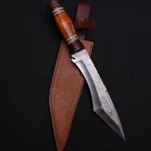 Couteau de chasse en acier de Damas avec manche en bois, lame à pointe tombante, bord droit, étui en cuir - Product Image 3