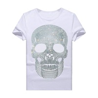 Kaos T-Shirt Streetwear Ukuran Besar Custom Bordir Tengkorak Berhias Kristal, Kerah O, Lengan Pendek, MOQ Rendah, Grosir