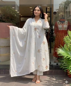 FANCY SLUB COTTON EMBROIDERY WORK <b>TOP</b> BOTTOM with DUPATTA <b>FESTIVE</b> LUXURY QUICK DRY MULTI COLOR WHOLESALE PRICE ETHNIC GARMENT - Product Image 1
