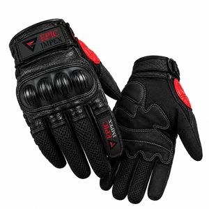Colección de Guantes de Motocicleta, Guantes de Cuero Vacuno Negro para Motociclismo con Protección para los Nudillos y Detalles Rojos - Product Image 1