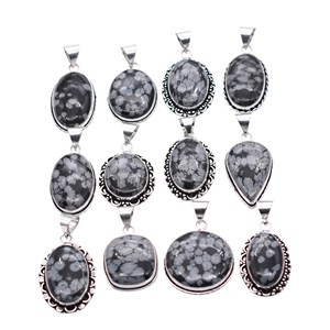 Colliers avec pendentif ovale en obsidienne flocon de neige naturelle, 5 pièces, plaqué argent 925, serti de pierres, bijoux vintage chrétiens unisexes - Product Image 4