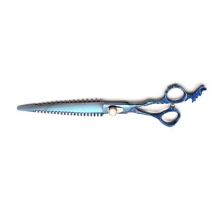 Ciseaux de barbier professionnels en acier inoxydable bleu plasma, lame fine et pointue avec design en os de poisson et manche dragon - Product Image 4