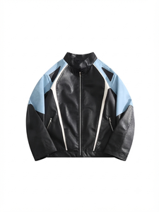 Chaqueta de cuero para hombre, estilo motociclista, con bloques de color, cuello alto, cierre de cremallera frontal, corte regular, estilo biker, para otoño. - Product Image 2