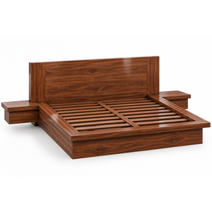 Hotel Guestroom Solid Teak <b>Wood</b> Low Profile Taverno <b>Platform</b> <b>Bed</b> with Slatted Support and Built In Side Tables Wholesale Supply - Product Image 3
