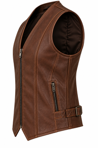 <b>Men's</b> Black <b>Leather</b> <b>Vest</b> V-Neck Button Closure Casual Outerwear Plus Size Regular Fit Solid Color - Product Image 4