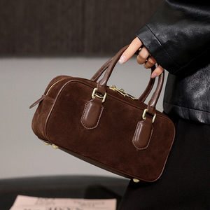 Classic Genuine Leather <b>bowling</b> bag With Zipper Closure Two Handles Women's Handbag Daily Use <b>bowling</b> bag leather - Product Image 5