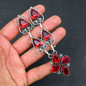 Collier en argent sterling 925 massif fait main avec pierre précieuse grenat rouge tendance pour femme, boucles d'oreilles pendantes avec estampe 925, bijoux en argent - Product Image 3