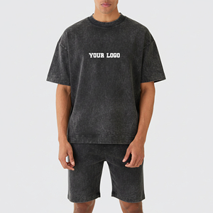 New Arrived 2026 100% Cotton Men 2 Piece Set Acid Wash Regular Custom Silk Screen Printed logo Breathable Streetwear Solid - Product Image 1