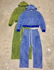 Custom Embroidery Print Sweatpants and Hoodie Set Y2K 2 Pieces Set Custom <b>Enzyme</b> Washed Oversized Cropped Zip up Hoodie Sets - Product Image 5