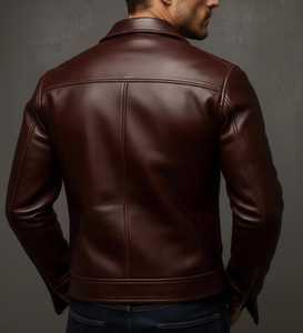 Chaqueta de Cuero Genuino Marrón para Hombre, Cuello Camisero, Cierre de Cremallera, Estilo Motero - Product Image 2