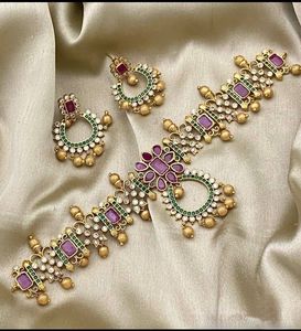 High Quality Latest Designed Ethnic Traditional Temple Design Flower Bridal Engagement Wedding Anniversary Party Choker <b>Set</b> - Product Image 3