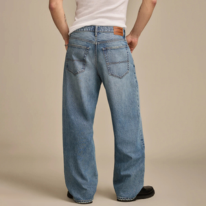 Jean droit rétro en denim délavé pour homme, taille haute, couleur unie, délavage moyen, style classique décontracté, ODM - Product Image 3