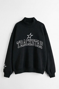 Sudadera Oversize de Cuello Alto para Mujer, Color Azul Marino Sólido con Gráfico Trackstar Dorado, Informal, de Manga Larga, para Invierno, Estilo Urbano - Product Image 2