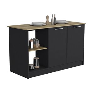 Black/Macadamia Kitchen Island with Large Countertop Double Door Cabinet <b>Open</b> <b>Storage</b> Shelves - Product Image 4