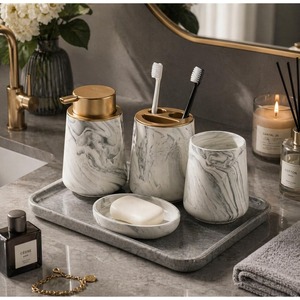 Juego de baño de cerámica de lujo de 4 piezas, dispensador de jabón redondo de mármol rosa, bandeja para cepillos de dientes, fácil de limpiar - Product Image 5
