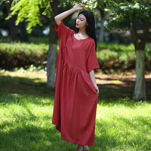 Women Cotton Linen Loose Fit Maxi <b>Dress</b> Short Sleeve O-Neck Long <b>Dress</b> Comfortable <b>Boho</b> <b>Summer</b> Outfit - Product Image 1