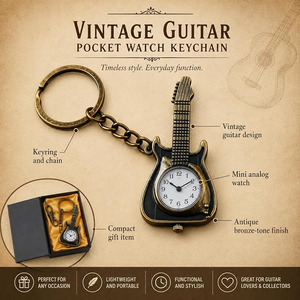 Llavero con Reloj de Bolsillo de Metal Vintage con Diseño de Guitarra, Mini Reloj de Cuarzo con Cadena para Regalos - Product Image 4