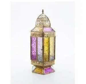Golden hexagonal lantern purple yellow blue glass panels dome <b>top</b> rustic farmhouse indoor outdoor festive candle lighting - Product Image 1