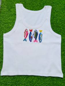 เสื้อกล้ามผ้าคอตตอนริบสีชมพูปักลายสุนัขด้วยมือประดับลูกปัด เสื้อครอปแขนกุดสำหรับผู้หญิงฤดูร้อน ขายส่งจำนวนมาก - Product Image 3