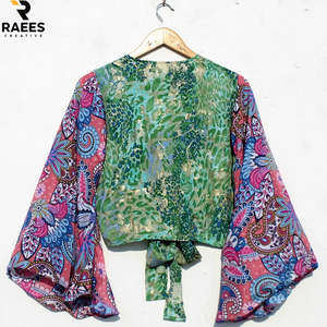 Chemisier en soie en gros pour femmes, 100% soie crêpe, tie-dye, style rétro, haut de plage, haut en soie à nouer devant - Product Image 2