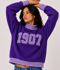 Sweat-shirt à col roulé violet pour femme 1907, patchwork à carreaux, imprimé lettres, en polaire, style streetwear décontracté, pour l'automne - Product Image 5
