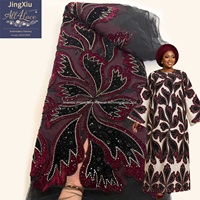 Tela de Tul Bordada con Lentejuelas y Cuentas Florales en Color Borgoña y Negro, para Vestidos Nigerianos Aso Ebi, Boubou y Kaftan