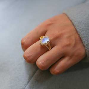 Pear Moonstone Prong <b>Ring</b> for Women 925 <b>Sterling</b> <b>Silver</b> Natural Rainbow Moonstone Solitaire <b>Ring</b> Handmade Fine Jewelry - Product Image 3
