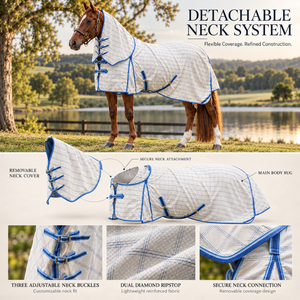 Couverture de cheval polyvalente détachable avec tissu Ripstop double diamant |   Boucles de cou réglables avec garniture bleue et sangle de sécurité - Product Image 5
