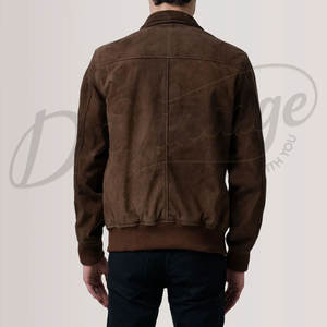 Chaqueta de gamuza marrón oscuro para hombre, con cierre de cremallera, cuello alto, estilo bomber, corte ajustado, de gamuza de cabra premium, tipo Harrington. - Product Image 2