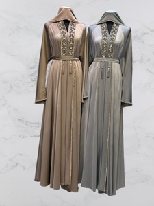 2026Shawl Collar V Neck Floor Length Modest <b>Abaya</b> Embroidery Detail Women Solid Color Long Sleeve Polyester <b>Wedding</b> - Product Image 2