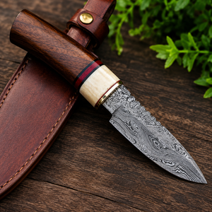 Couteau de survie extérieur artisanal Black Smith 1987 en acier Damas, manche bois et os, lame à pointe clip, longueur totale 12 pouces, étui en cuir - Product Image 1