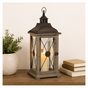 Farmhouse Wooden Decorative <b>Lantern</b> with Metal Top Vintage Distressed Wood Candle Holder for Wedding Centerpieces <b>Indoor</b> - Product Image 4