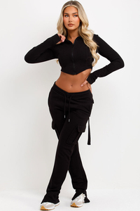 Hot Selling Black Women 2 Piece Tracksuit Set – Cargo <b>Joggers</b> & Crop Corset Hoodie <b>Oversized</b> Sweatpants Set | Streetwear Athleis - Product Image 5