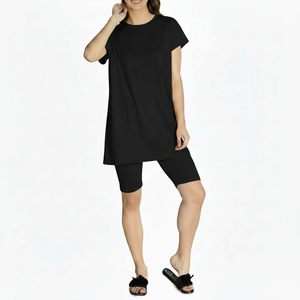 Women's 2 Piece Long Top Short <b>Set</b> Custom Logo <b>Embroidery</b> Printed Pattern Spandex Polyester Casual Summer Eco-Friendly - Product Image 5