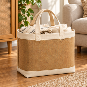Sac fourre-tout en jute naturel réutilisable personnalisable avec poignées en corde et fermeture éclair, taille moyenne, pour les courses, le rangement domestique, les voyages, vente en gros - Product Image 5