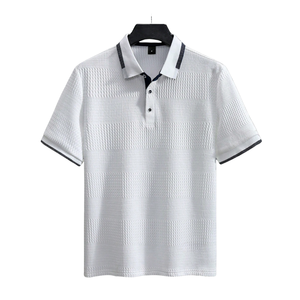 <b>Men's</b> White Short Sleeve Knitted <b>Polo</b> Shirt With <b>Black</b> Trim Button Front Casual Style Solid Color Breathable Fabric - Product Image 3