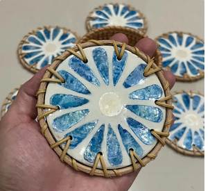 ชุดที่รองแก้วทรงกลม6ชิ้นสำหรับใส่เครื่องดื่มแก้วแบบฝังมุกลายดอกไม้สีเขียว - Product Image 3