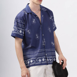 <b>Men's</b> <b>Navy</b> Blue Floral Short Sleeve Hawaiian <b>Shirt</b> Turn-down Collar <b>Satin</b> Casual Summer Wear Printed Breathable 100% Polyester - Product Image 3