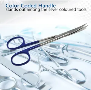 Tijeras Micro Iris de 4.5 Pulgadas con Puntas Curvas y Puntiagudas, de Acero Inoxidable, para Uso Dental, Veterinario y Quirúrgico, con Mango Azul, Juego de Instrumentos con Certificación CE - Product Image 4