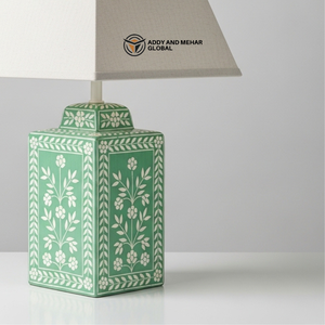 Lanterne de table artisanale en os vert incrusté, motif floral, lampe de chevet décorative carrée de luxe avec abat-jour en tissu pour la maison - Product Image 6