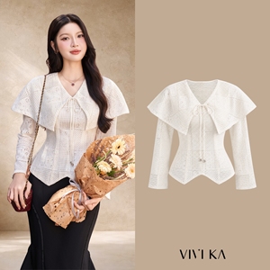 Blusa de Encaje Color Marfil para Mujer, Cuello en V, Manga Larga, Elegante, con Patrón Geométrico Bordado, Top de Primavera/Verano JULIAN - Product Image 1