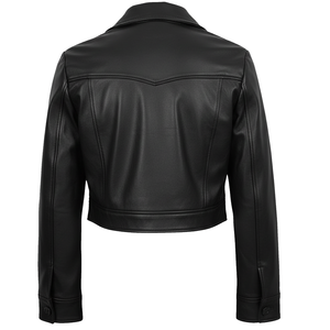 <b>Women's</b> Sheep Skin Knitted Vintage Trucker <b>Jacket</b> Full Sleeve Stand Collar <b>Utility</b> Style Short Length Solid Color - Product Image 2